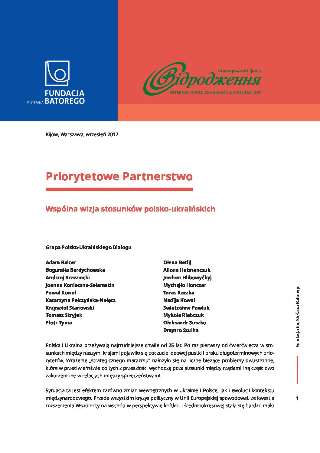 Priorytetowe partnerstwo. Wspólna wizja stosunków polsko-ukraińskich